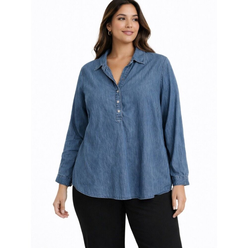 Lane Bryant Classic Long-Sleeve Denim Collared Button-Down Popover Shirt Size 22